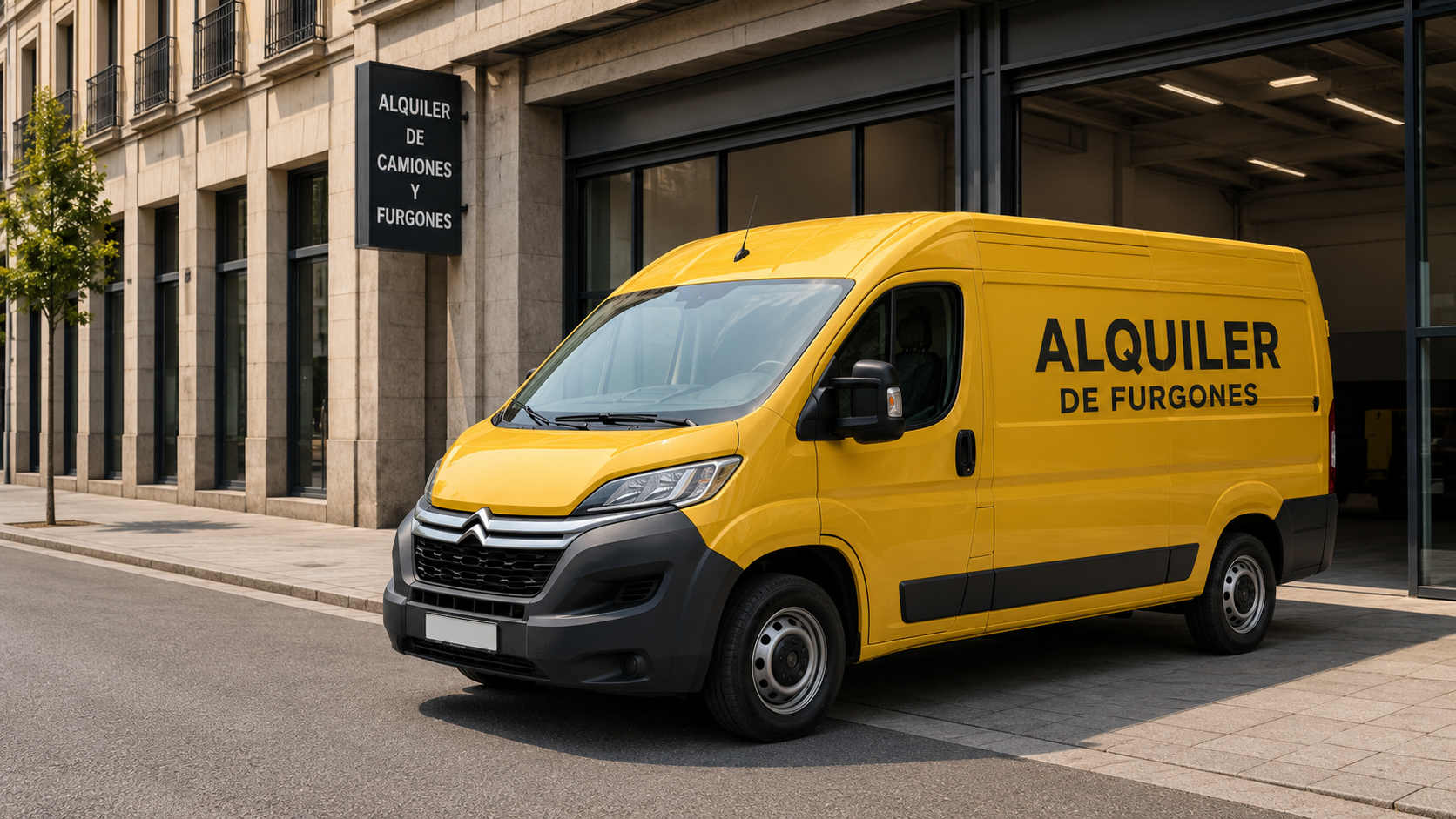 Furgón amarillo para alquiler aparcado frente a un local de alquiler de vehículos